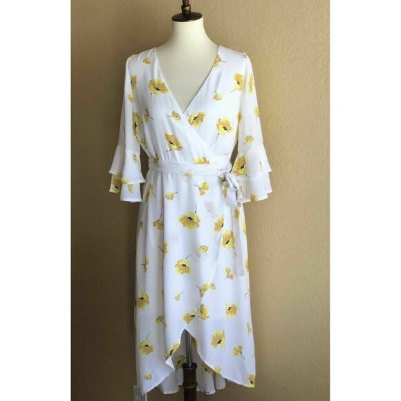 Chelsea28 Womens White Floral Chiffon Faux Wrap Belted Midi Dress Size M - Picture 6 of 10